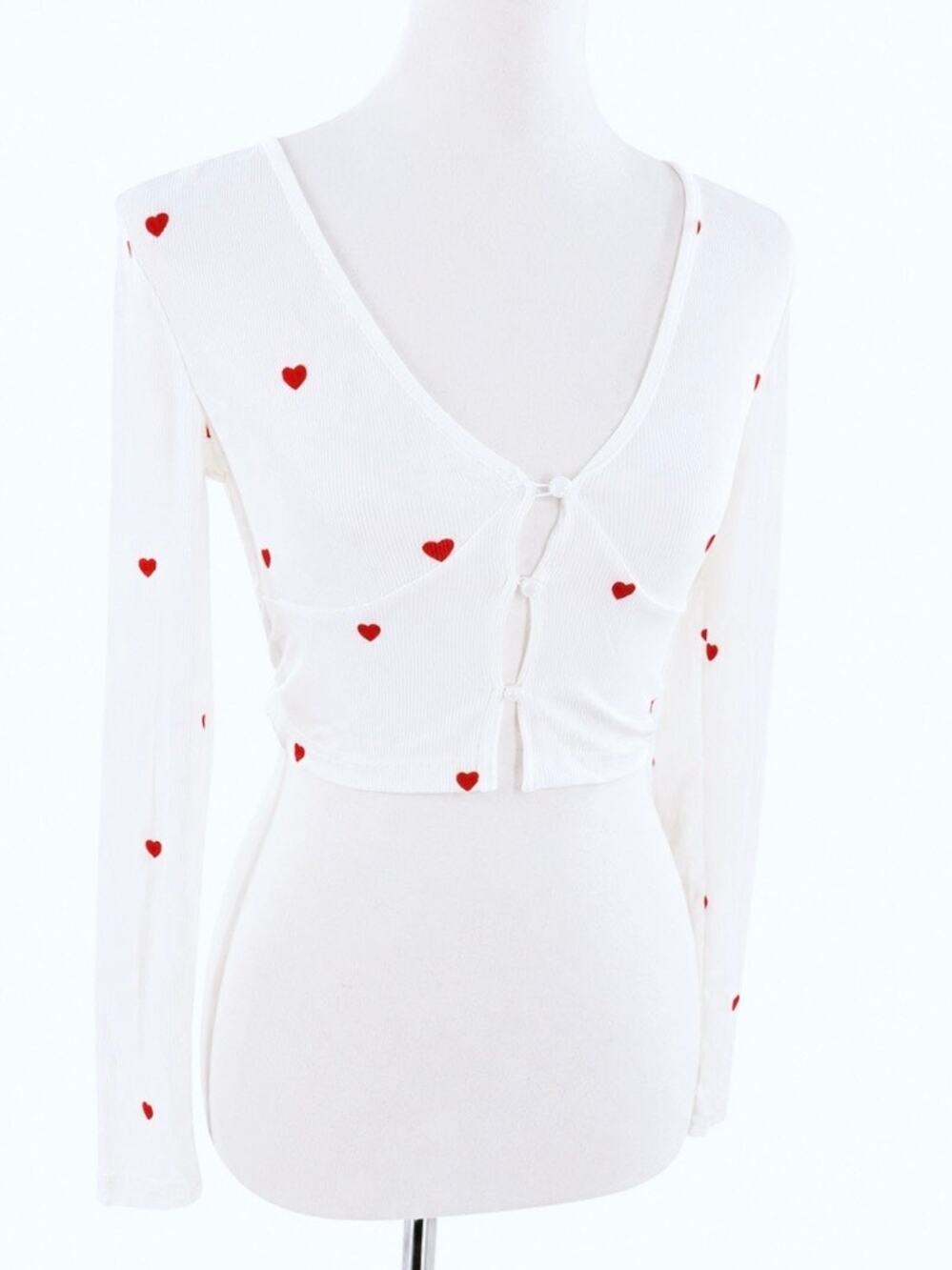 White Red Heart Print Ribbed Tie Front Cardigan Top Long Sleeve Coquette XS